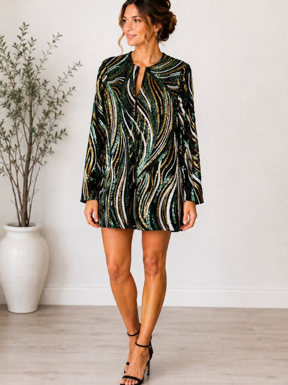 Marciano Jen Sequin Tunic Mini Dress Green Multicolor S NWOT
